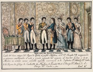 Entrevista de Bayonne em 1808, após a insurreição de Aranjuez, que viu a abdicação do rei Carlos IV de Espanha ceder o trono a Napoleão I antes de seu filho Fernando VII. de Unknown artist