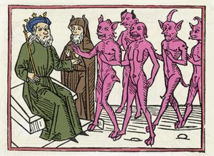 O julgamento do Belial: "O demônio Belial acompanhado por outros quatro demônios está presente ao Juiz Salomão" "Gravura do "Julgamento Belial" de Jacobus de Teramo (ou Palladino), Ausburgo de Unknown artist