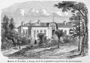Casa de Benjamin Franklin em Passy, onde fez a sua primeira experiência de pára-raios - gravura de Unknown artist