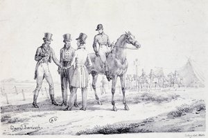 Aposta na borda do campo de provas com um jóquei a cavalo - litografia, deb. Século XIX de Unknown artist