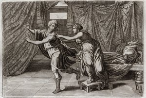 Bíblia de Royaumont, Velho Testamento: Chastete de José. José foi solicitado pela esposa de Putiphar (Potiphar), e colocado na prisão. Ilustração de 1811. de Unknown artist