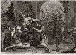 Bíblia de Royaumont, Velho Testamento: Morte de Sansão. Sansão descobre Dalila que sua força estava em seu cabelo. Ela corta-lhe o cabelo e traz os soldados filisteus para a sala. Ilustração de 1811. de Unknown artist