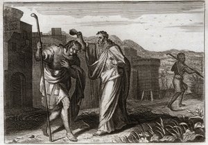 Bíblia de Royaumont, Velho Testamento: Rito de Saul. Samuel, por ordem de Deus, sagrado Saul para ser Rei dos Judeus. Ilustração de 1811. de Unknown artist