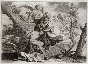 Bíblia de Royaumont, Velho Testamento: Sacrifício de Abraão. Um anjo segura a mão de Abraão antes do sacrifício de seu filho Isaque. À esquerda, o mais fiel de Abraão matará em seu lugar. Ilustração de 1811. de Unknown artist