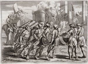 Bíblia de Royaumont, Velho Testamento: Tirada de Jericó. Os Muros de Jericó caem no chão ao som das trombetas dos Sacerdotes que precederam a Arca da Aliança do Senhor. Ilustração de 1811. de Unknown artist