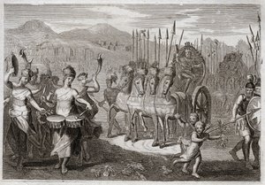 Bíblia de Royaumont, Velho Testamento: O Triunfo de David. Depois que Davi derrotou o Golias Gigante, as mulheres de Israel foram antes dele para honrar o seu triunfo, com cânticos de alegria e o som dos instrumentos. Ilustração de 1811. de Unknown artist