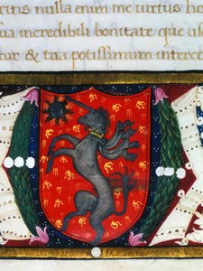 Blazon decora um unicórnio, uma estrela sobre um fundo vermelho. Detalhe de uma miniatura. Século XIV de Unknown artist