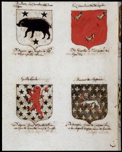 Blazons of Knights of the Round Table: 1. Brallain, o cavaleiro com dois baloiços, 2. O Cavaleiro de Norgales, 3. Gallehault, 4. O amor de Lystenois. sd. Século XIX. de Unknown artist