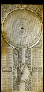 Instrumento Brassy conhecido como "Jovilabe" (Jovilabium) projetado após estudos sobre os períodos do satélite Júpiter pelo astrônomo Galileo Galilei (Galilee) (1564-1642) por volta de 1610. 1650-1700 Florença, Istituto e Museo di Storia delle Scienze. de Unknown artist