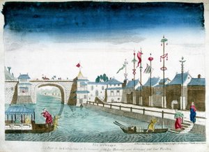 Ponte de Cochinchine e barcos são distinguidos deixando os pavilhões. Gravura do final do século XVIII de Unknown artist