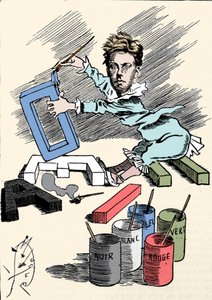 Desenho animado representando o poeta Arthur Rimbaud (1854-1891) cobrindo letras do alfabeto com pintura. Gravura de "Homens de hoje". de Unknown artist
