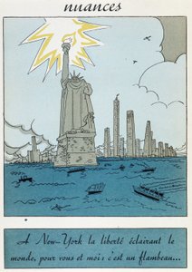 Desenho animado da Estátua da Liberdade, nos Estados Unidos: "A liberdade em Nova Iorque iluminando o mundo, para ti e para mim é uma tocha" de Unknown artist