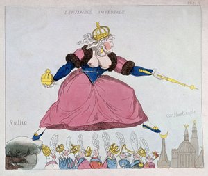 Catherine-II saltando da Rússia para Constantinopla sobre os soberanos europeus, caricatura, final do século XVIII de Unknown artist
