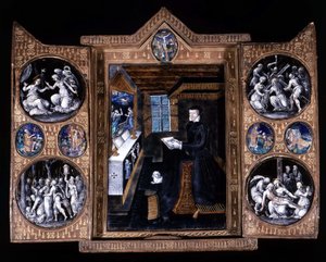 Catherine de Medicis (Caterina de Medici) (1519-1589) em oração - tríptico e-mail e couro de Unknown artist