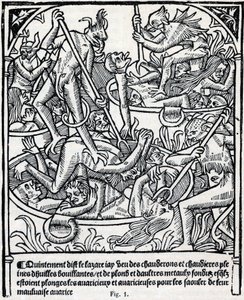 Caldeirões cheios de óleo fervente e chumbo em que os demónios mergulham os gananciosos para os embebedar com a sua má descrição da ganância de Lázaro do inferno. Fac simile du "Calendrier des Bergers" profetique almanach impresso por Claude Nourry em 1504 de Unknown artist