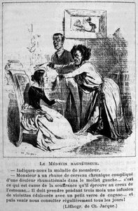 Charlatanismo: sátira sobre a consulta de magnetizadores hipnóticos para o tratamento de doenças. De uma litografia de Jacque. Século XIX de Unknown artist