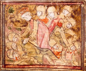 Carlos Magno (742-814) encontra o corpo de seu sobrinho Roland que morreu na Batalha de Roncesvaux Miniatura de "Grandes Crônicas da França" 1375-1379 Biblioteca Municipal, Castres de Unknown artist