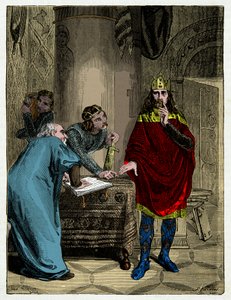 Carlos Magno ditando seus capitulares ao seu ministro Alcuin (732-804), Gravando o século 19 de Unknown artist
