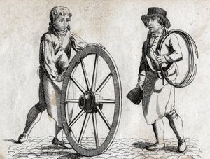 Charron com roda de carroça e aprendiz Engraving final do século XVIII. de Unknown artist
