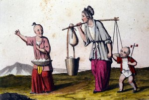 China. Uma mulher carregando água acompanhada por 2 crianças, a grande carregando uma cesta de arroz. Estampas do século XIX. de Unknown artist