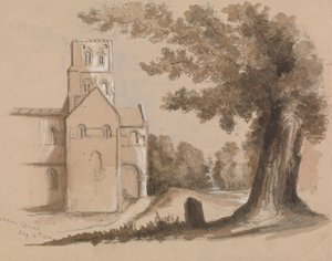 Igreja com Árvore e Tombstone em Primeiro Plano de Unknown artist
