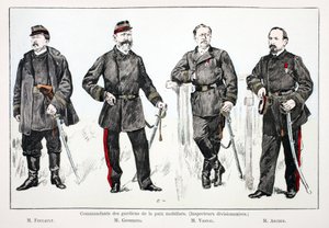 Comandantes das forças de paz mobilizadas (inspectores de divisão), da esquerda para a direita: Sr. Foucault, Sr. Giobergia, Sr. Vassal, Sr. Archer. Eau forte en couleurs, para ilustração do livro "Histoire du corps des gardiens de la paix" publicado sob o de Unknown artist