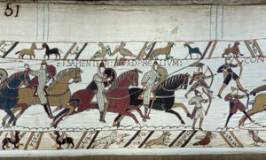 Conquete da Inglaterra pelo Duque da Normandia Guilherme o Conquistador (1027-1087) em 1066: o início da Batalha de Hastings Detalhe da Tapeçaria Bayeux ou Bordado da Rainha Mathilde de Unknown artist