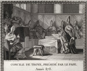 Conselho de Troye em 7 de Setembro de 878. Em maio de 878, o Papa João VIII ameaçado por sarracenos e nobres italianos, veio refugiar-se em Arles sob o comando do Duque Boson e de sua esposa Ermengarde. Ele o acompanha em Troyes ou está organizando um gran de Unknown artist