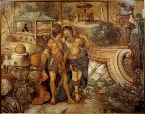 Casar uma mulher com um índio em frente a uma plantação de açúcar nas Índias Ocidentais. Pintura anónima de Unknown artist