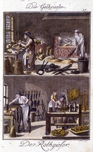 Artesanato: fundição de cobre e dinandier em suas oficinas. Em "Comprehensive description of arts and crafts and workshops for young people" por Johan Peter Vire. Ed. Nuremberga, Weigel e Schneider de Unknown artist