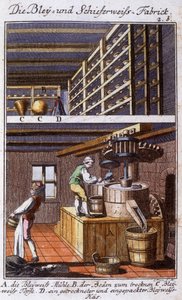 Artesanato: o fabricante de chumbo branco (branco prateado) na sua oficina e as etapas do seu trabalho. Em "Comprehensive description of arts and crafts and workshops for young people" por Johan Peter Vue. Ed. Nuremberga, Weigel e Schneider de Unknown artist