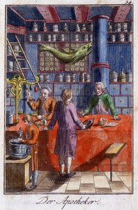 Artesanato: o boticário (farmacêutico) na sua oficina. Em "Comprehensive description of arts and crafts and workshops for young people" por Johan Peter Vire. Ed. Nuremberga, Weigel e Schneider de Unknown artist