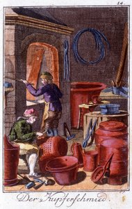 Artesanato: o caldeireiro na sua oficina. Em "Comprehensive description of arts and crafts and workshops for young people" por Johan Peter Vue. Ed. Nuremberga, Weigel e Schneider de Unknown artist