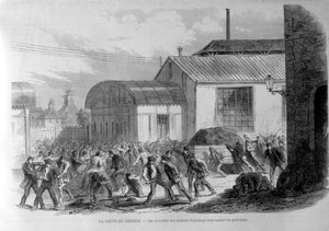 Greve Creusot. Os trabalhadores das lojas de ajustes repelindo os grevistas. Gravação do século XIX. de Unknown artist