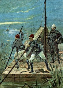 Atravessando os pântanos de Bahr el Ghazal na África pela missão Marchand em 1899. Cromolitografia de Liebig do século XIX de Unknown artist