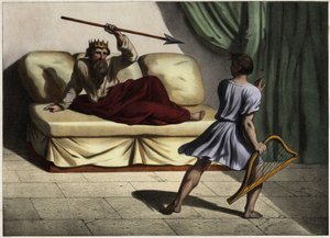 David a fazer de cítara perante o Rei Saul para o apaziguar. Gravura anónima de meados do século XIX. de Unknown artist
