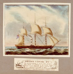 Diorama de Dawson n.º 4. O British Queen, um navio a vapor de primeira classe, que ao ser iluminado muda para Sua Majestade a Rainha Vitória vestida com as suas vestes de Estado, c.1838 (litografia, colorida) de Unknown artist