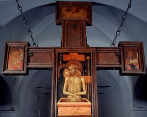 Deploração (deposição) Pintura anónima em madeira na parte de trás de uma cruz. Varazze do século XV, Cappella del Castello Invrea Itália de Unknown artist