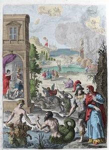 Diferentes metamorfoses, em primeiro plano Scylla e o deus marinho Glaucos apaixonado por ela, em segundo plano o Iphis rejeitado enforcado por Anaxarete. Ilustração retirada do livro XIV de "Metamorfoses" (Metamorfosi) de Ovide (43 AC-17 AD). Gravura 1 de Unknown artist