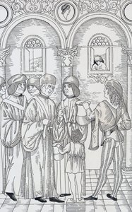 Médico examinando a urina dos pacientes, xilogravura de Unknown artist
