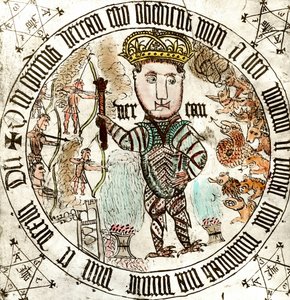 Esoterismo: uma coroa aos pés do demónio. Cenas de luta entre homens e criaturas monstruosas. A cena é rodeada por sinais cabalísticos (ou Cabala) (?). Gravura do século XVII. Coleção privada. de Unknown artist