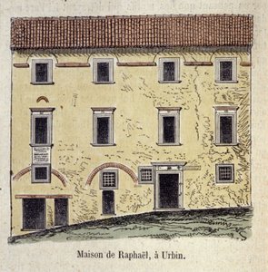 Fachada da casa onde o pintor Raffaello Santi (Raphael) (1483 - 1520) viveu em Urbin, Itália de Unknown artist