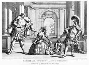 Farinelli (Carlo Broschi, dit; 1705 - 1782) com o soprano Cuzzoni e o castrado Francesco Bernardo Senesino (1680 - 1750) na ópera de George Frederick Handel (Georg Friedrich Handel de Unknown artist