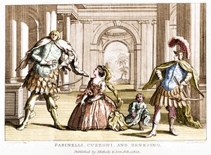 Farinelli (Carlo Broschi, dit; 1705 - 1782) com o soprano Cuzzoni e o castrado Francesco Bernardo Senesino (1680 - 1750) na ópera de George Frederick Handel (Georg Friedrich Handel de Unknown artist