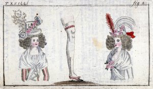 Moda século XVIII: penteado e ligas de mulher por volta de 1788. de Unknown artist