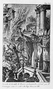 Incêndio da cidade de Béziers em Languedoc, executado por Santa Domingas sob as ordens do Papa Inocêncio III em "Os Crimes da Religião". de Unknown artist