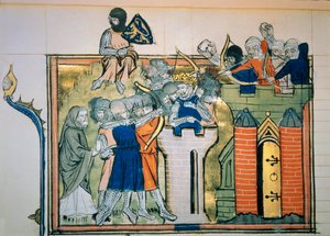 Primeira cruzada: Godefroi (ou Godefroy) de Bouillon (1058-1100) numa torre redonda atacou Jerusalém em 1099. Miniatura de "Roman De Godefroy De Bouillon et de Saladin". de Unknown artist