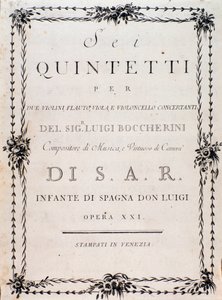 Primeira página da partitura musical de "" Seis quintetos para dois violinos, flauta de viola e violoncelo "" de Luigi Boccherini de Unknown artist