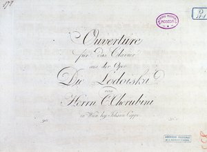 Primeira página da partitura musical de ouverture para pianoforte da ópera “” Lodoiska ”” de Luigi Cherubini de Unknown artist