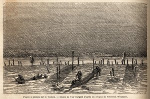Armadilhas para peixes, colocadas nas margens do rio Yukon (extremo norte do Canadá). Gravura para ilustrar a viagem e aventuras na Colômbia inglesa, Ilha de Vancouver e Alasca, de Frederick Whymper de Unknown artist